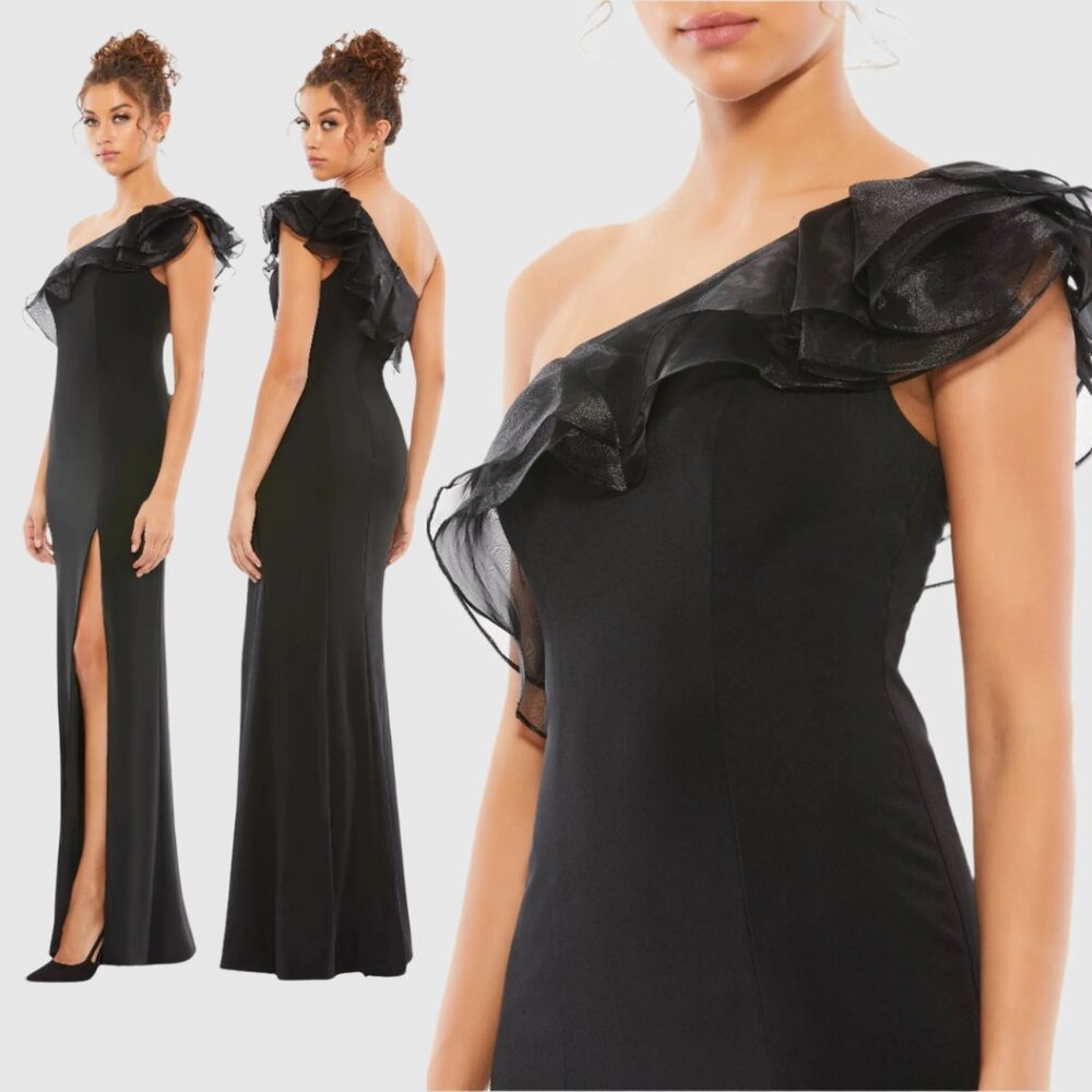 Mac Duggal 26372 Womens Size 12 Black Ruffle One Shoulder Long Maxi Gown Dress